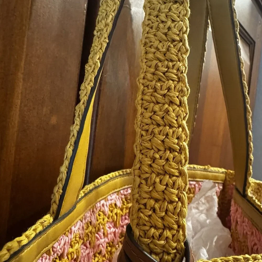 Tory Burch 165844 Straw Tote Pink Carnation Turmeric Raffia Bag NWT